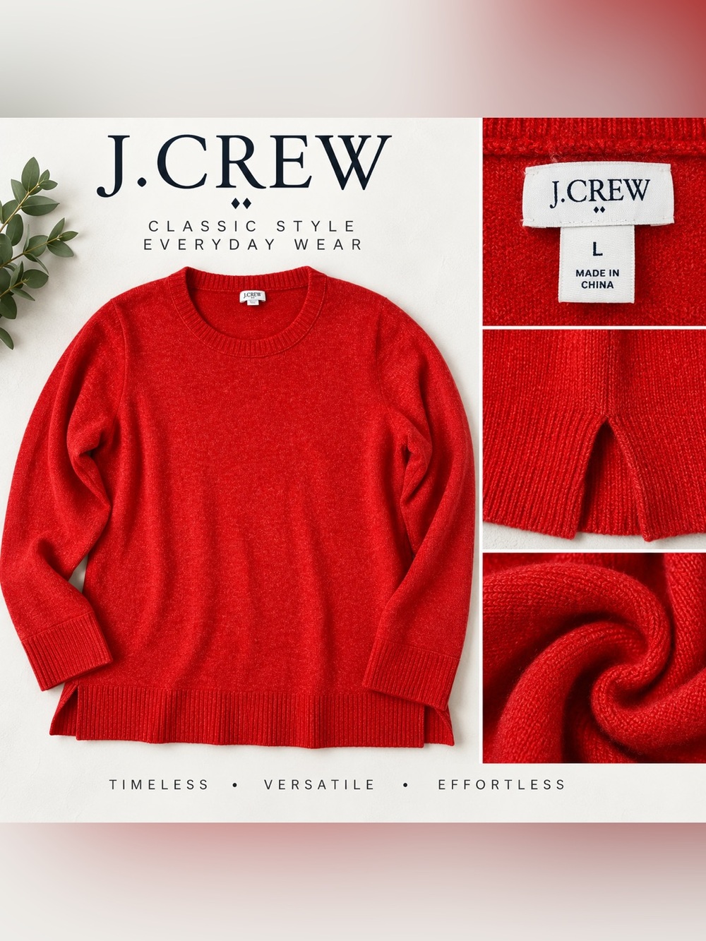 J.Crew Red Wool Blend Crewneck Sweater Size L Side Slit
